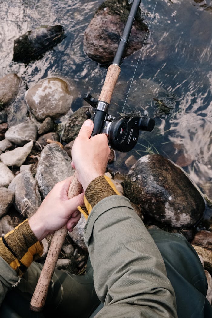 Offerings A person fishing with a rod in a rocky stream during summer.