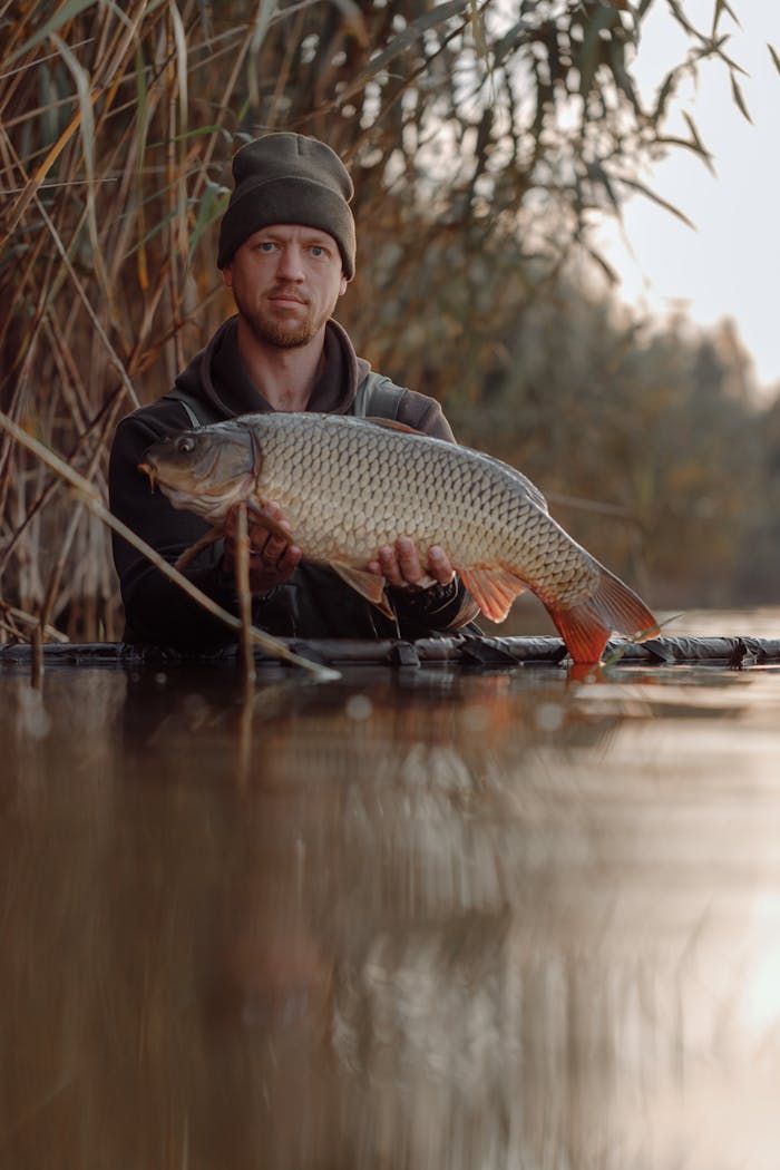 Offerings Man holding a carp fish in a tranquil outdoor environment, showcasing successful fishing adventure.